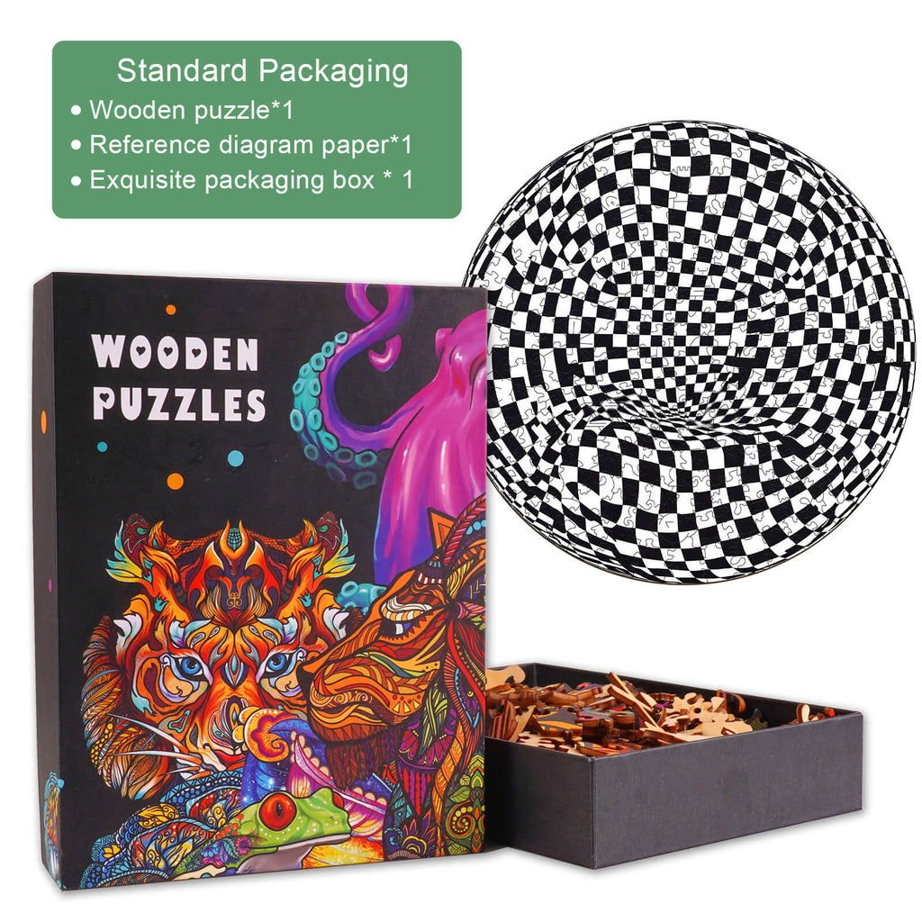 Checkerboard Pop Art wooden jigsaw puzzle in elegant packaging, featuring unique design and wooden pieces for focused gameplay.