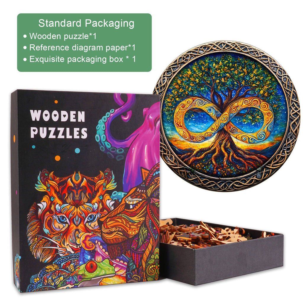 The Infinite Tree of Life-2 wooden jigsaw puzzle in an exquisite packaging box, featuring vibrant colors and intricate design.