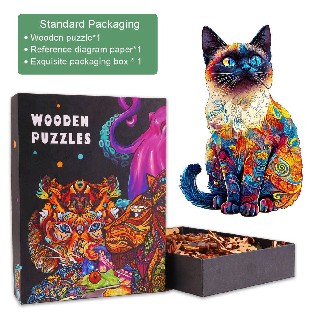 Siamese Cat-2 wooden jigsaw puzzle with colorful cat design and packaging featuring vibrant artwork and puzzle pieces.