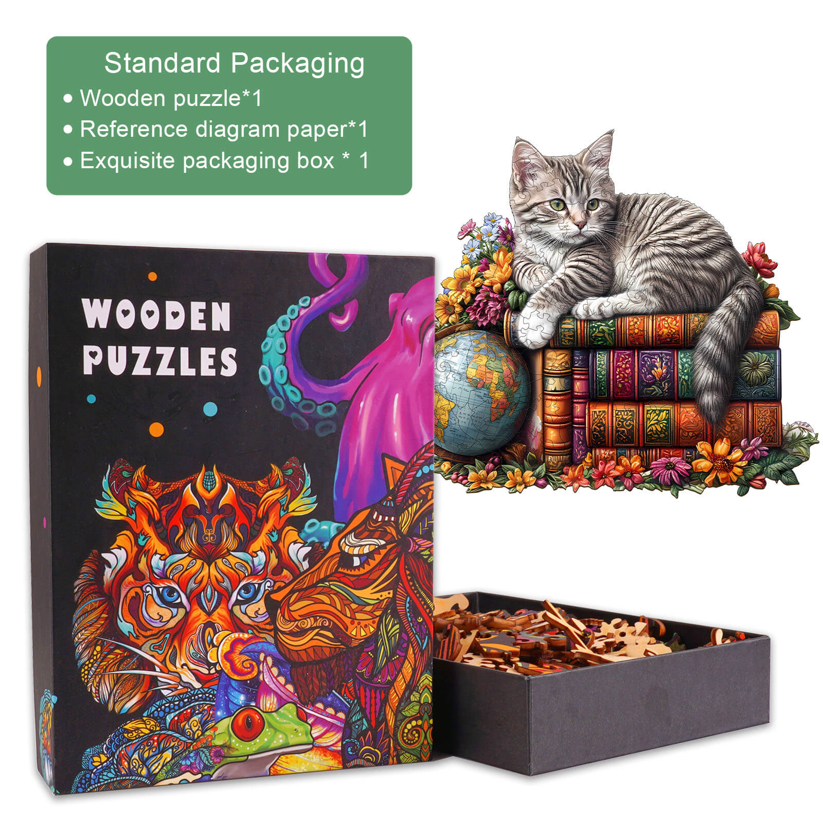 Dr. Cat wooden jigsaw puzzle display with colorful box and intricate cat design for mind-challenging fun.