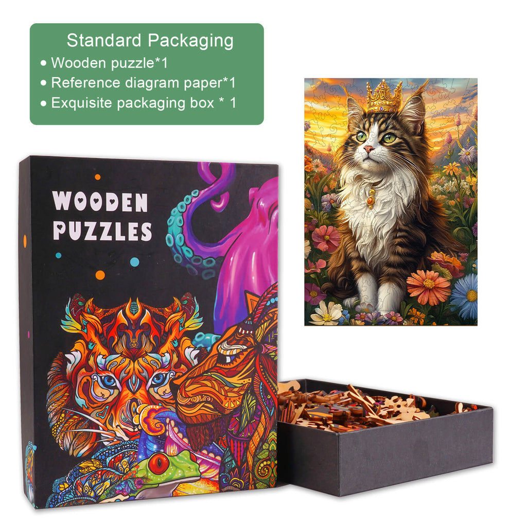 Elegant Cat Wooden Jigsaw Puzzle with colorful packaging and reference diagram, perfect for enhancing focus and brain skills.