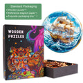 Ship of Hope wooden jigsaw puzzle box with colorful design and assembled puzzle featuring a ship on water.