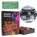 Howling Celestial Dog wooden jigsaw puzzle in an exquisite box, featuring reference paper and vibrant box design.