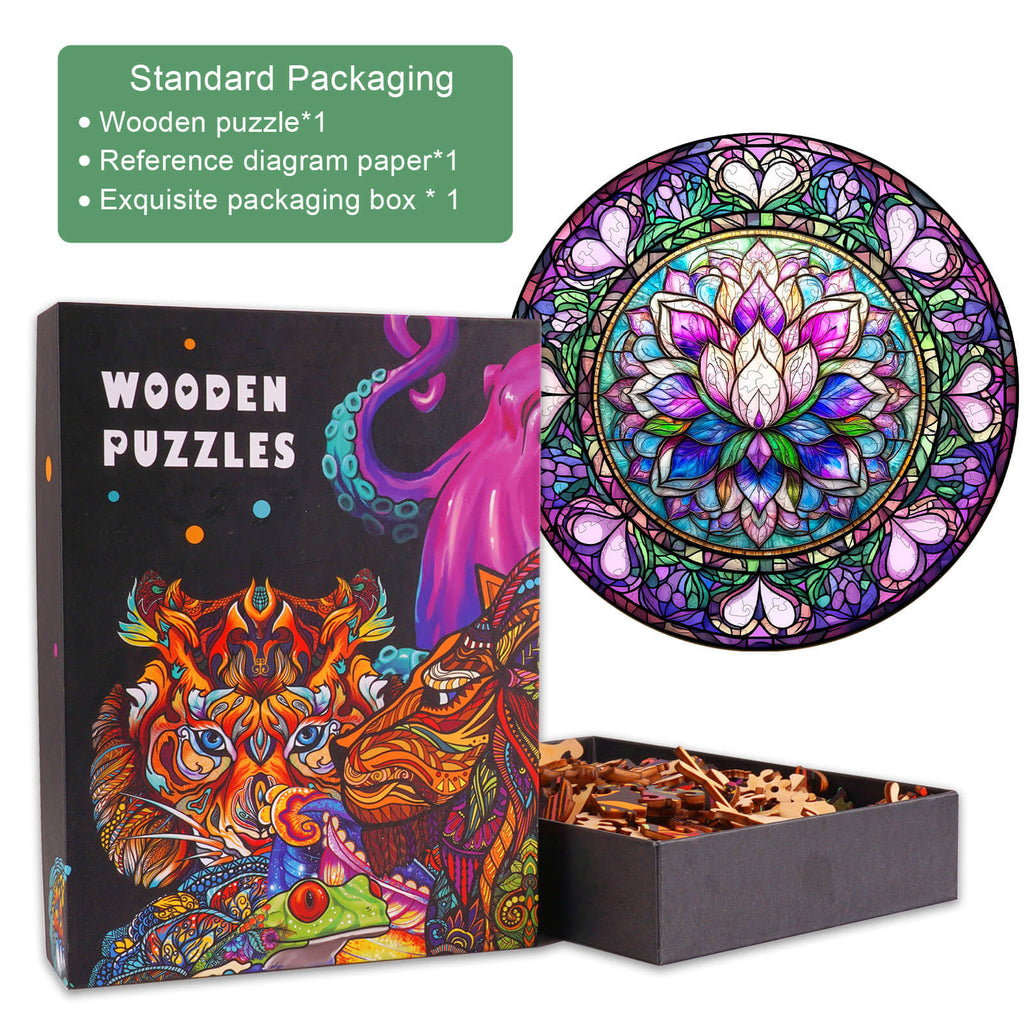 Stained Glass Lotus-1 wooden jigsaw puzzle in exquisite packaging, enhancing focus and mental skills through creative play.