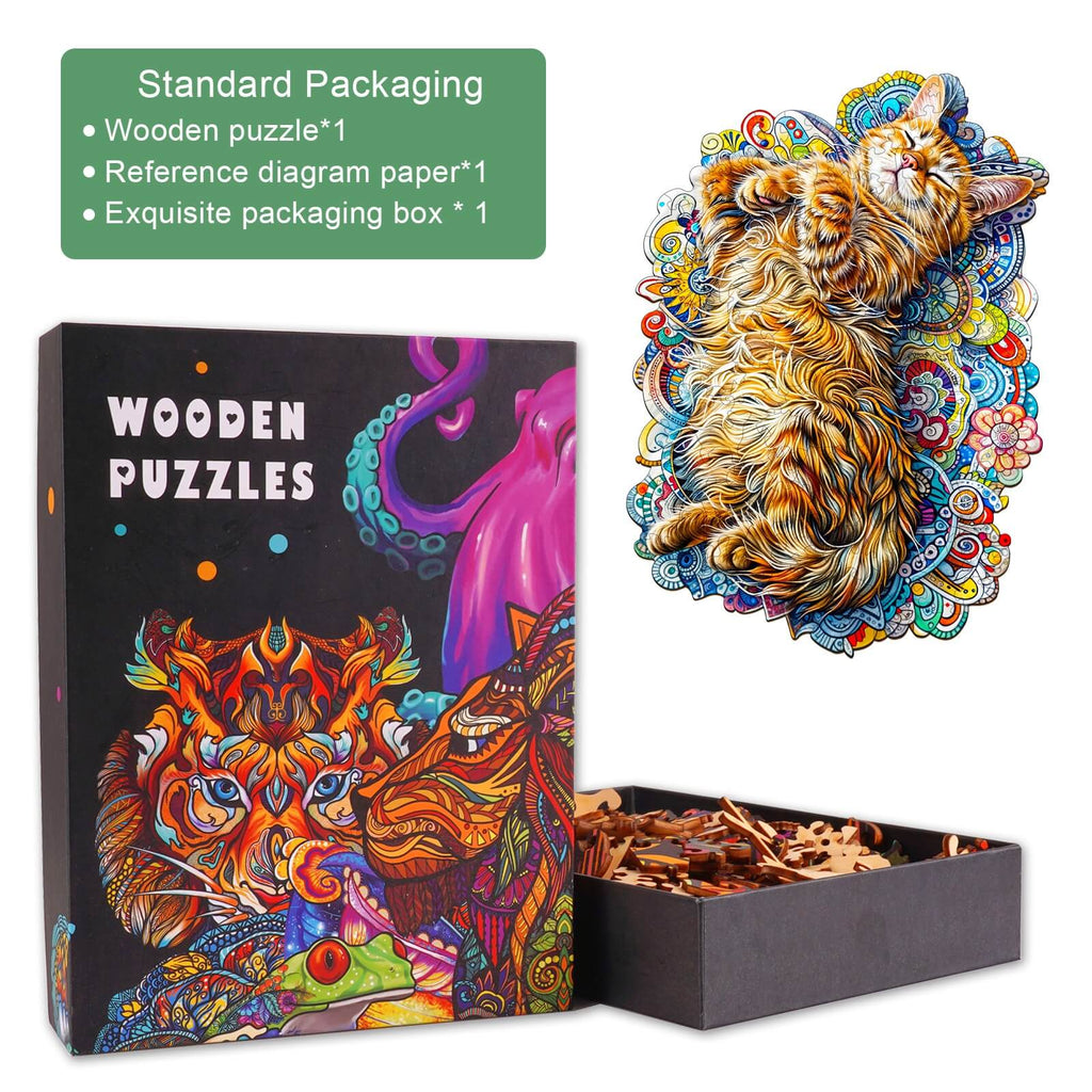 Sleeping Cat-1 wooden jigsaw puzzle with vibrant design and standard packaging for mind-enhancing fun.