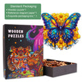 Morpho Butterfly wooden jigsaw puzzle in exquisite packaging, featuring vibrant art and a reference diagram.