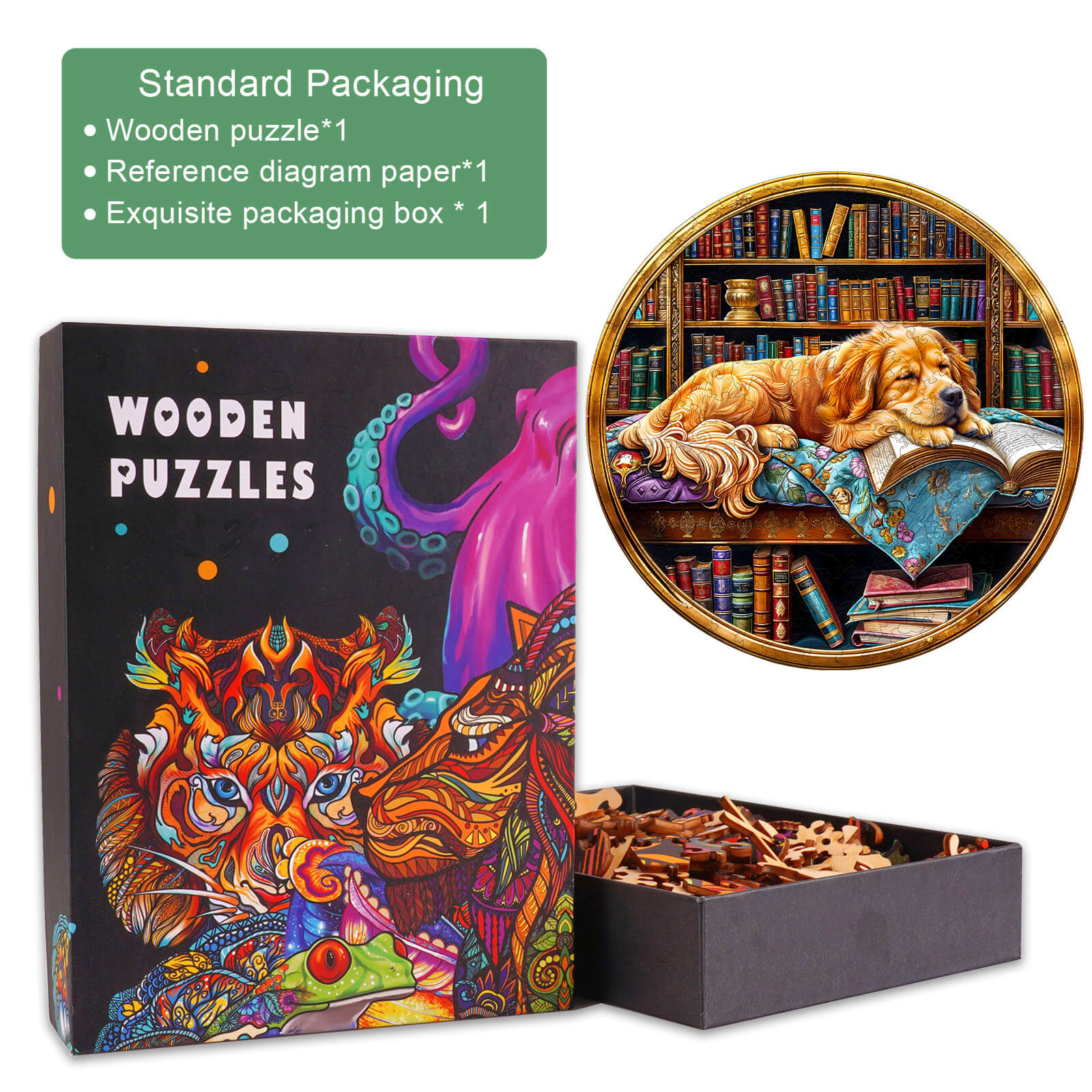 Wooden jigsaw puzzle box featuring a Golden Retriever image, promoting focus and fun in puzzle-solving.