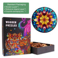 Stained Glass Mandala wooden jigsaw puzzle packaging with colorful design and puzzle pieces inside.