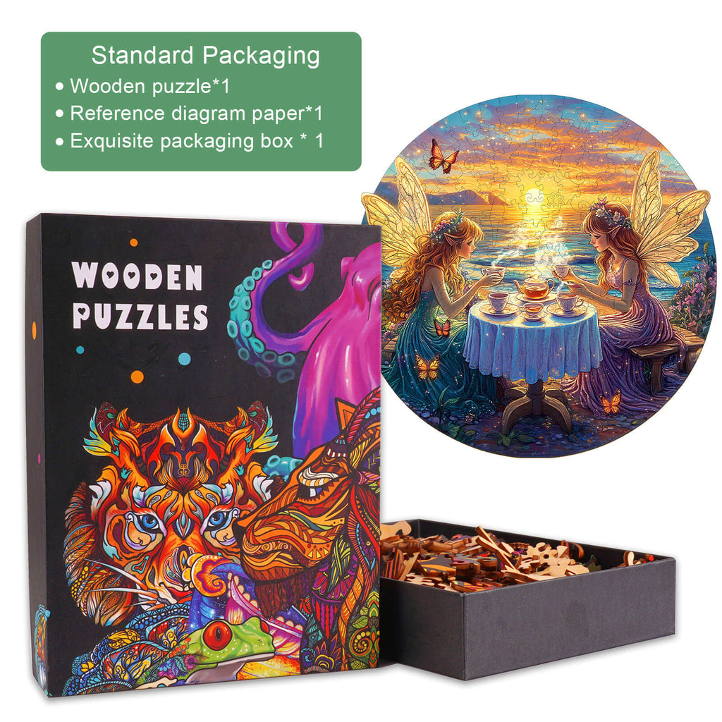 Fairy Tea Party Wooden Jigsaw Puzzle featuring colorful artwork and packaging with pieces inside a box.