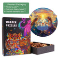 Fairy Tea Party Wooden Jigsaw Puzzle featuring colorful artwork and packaging with pieces inside a box.
