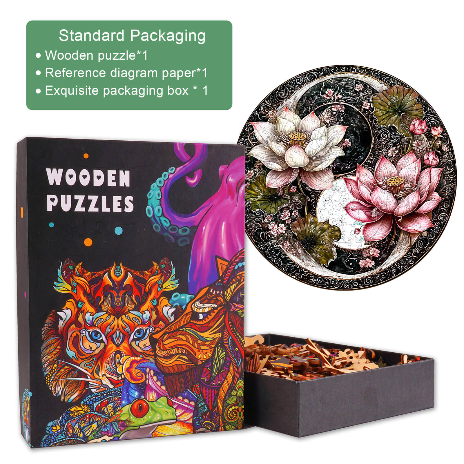 Yin Yang Lotus wooden jigsaw puzzle, featuring vibrant design and intricate pieces, ideal for enhancing focus and cognitive skills.