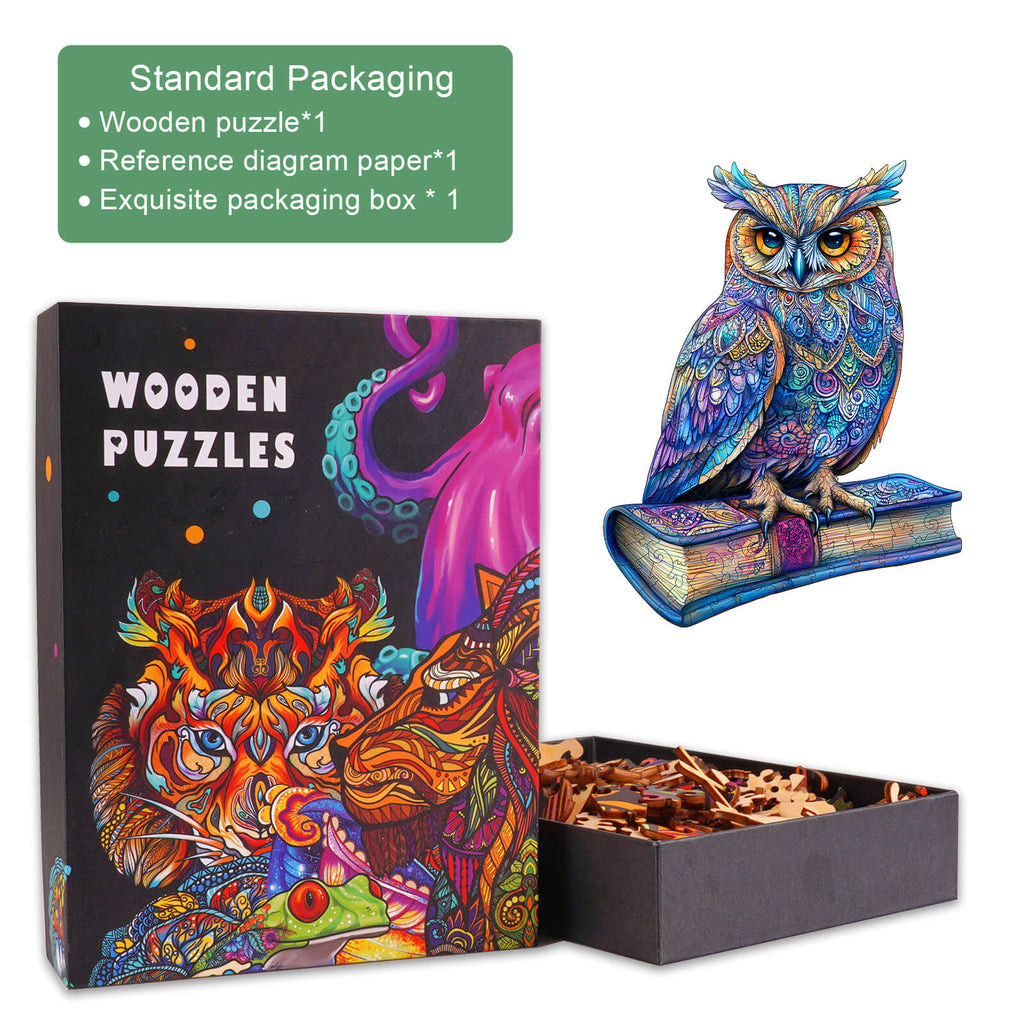 Elegant Owl wooden jigsaw puzzle set featuring artful packaging and colorful owl design for mind-enhancing fun.
