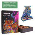 Elegant Owl wooden jigsaw puzzle set featuring artful packaging and colorful owl design for mind-enhancing fun.
