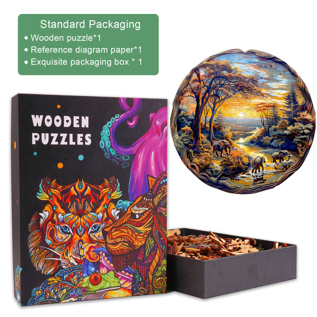 Wooden puzzle packaging featuring an elephant at sunset design, includes pieces and reference paper for assembly.