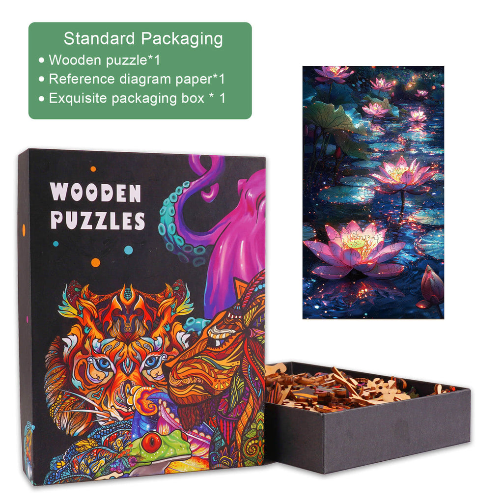 Moon Lotus Wooden Jigsaw Puzzle in exquisite packaging with colorful design and reference diagram for improved focus.