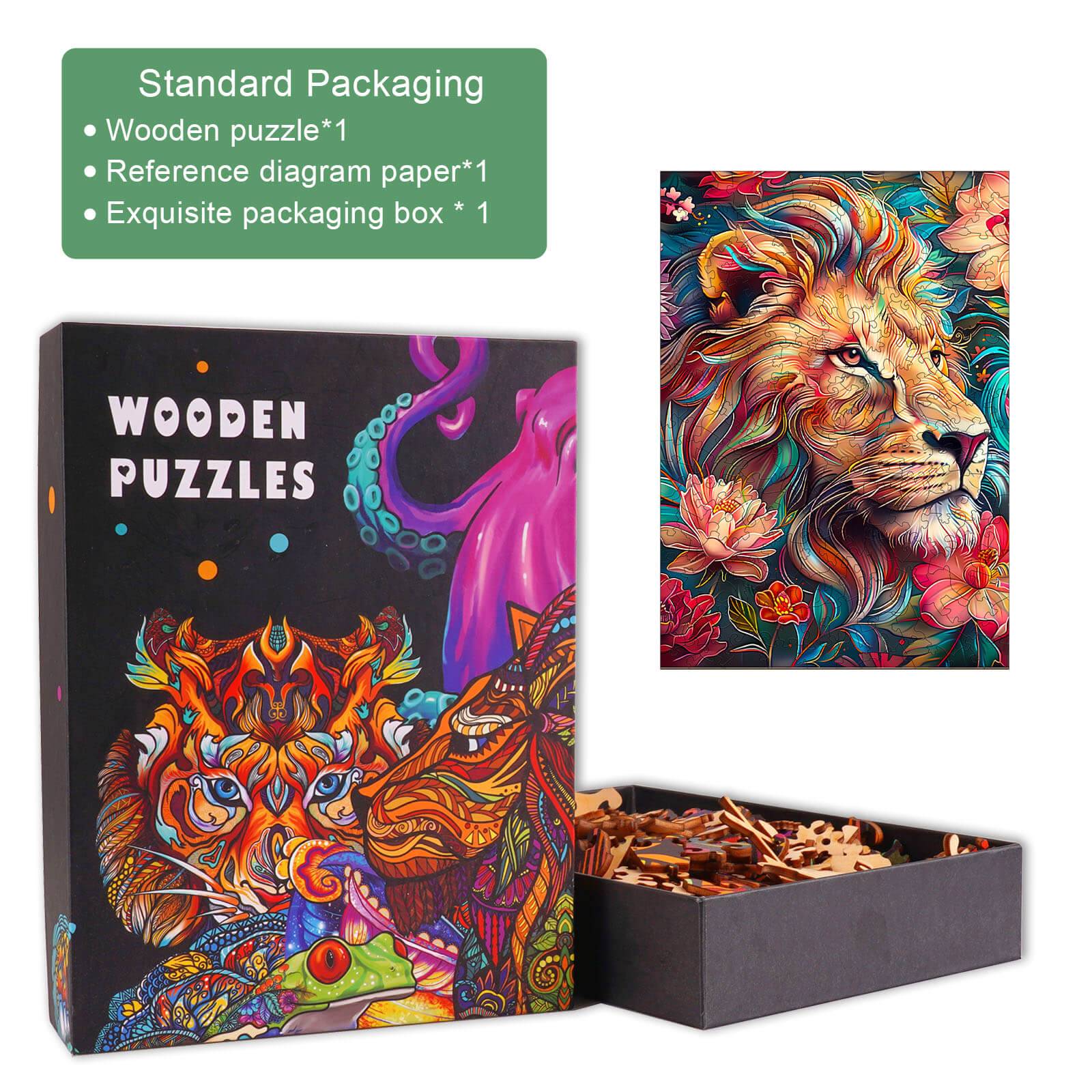 Colorful packaging of the Blossom-Kissed Lion-2 wooden jigsaw puzzle, showcasing the lion artwork and puzzle pieces.