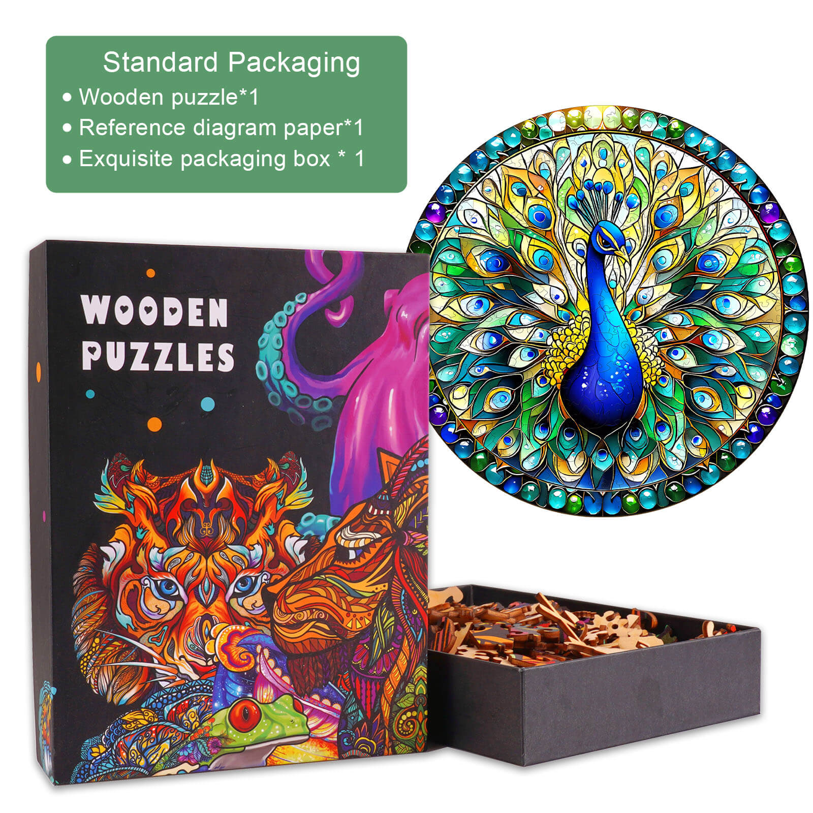 Colorful stained glass peacock wooden jigsaw puzzle with exquisite packaging, perfect for mind games and focus.