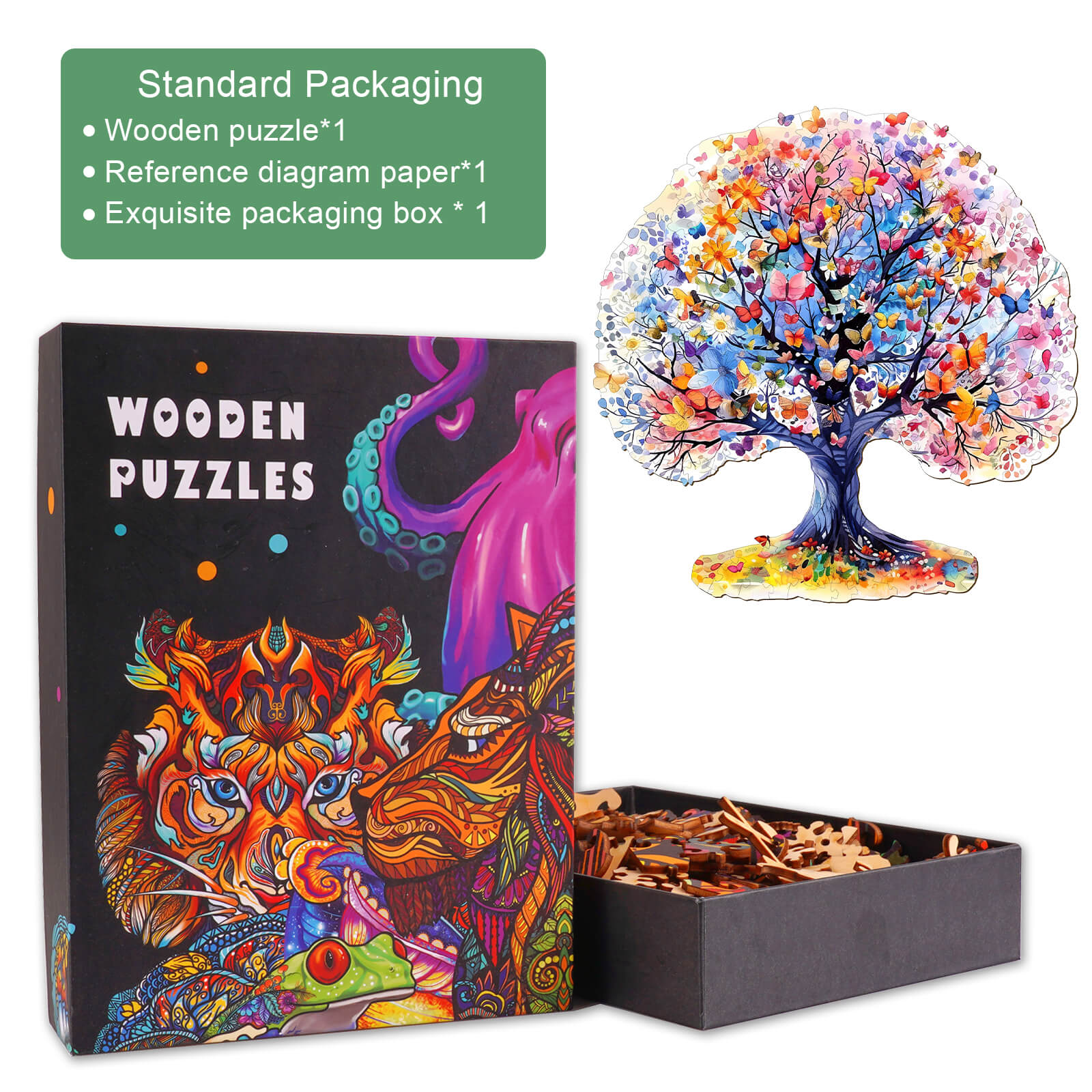 Life Tree Wooden Jigsaw Puzzle featuring vibrant tree artwork and standard packaging, designed for enhancing focus and problem-solving skills.