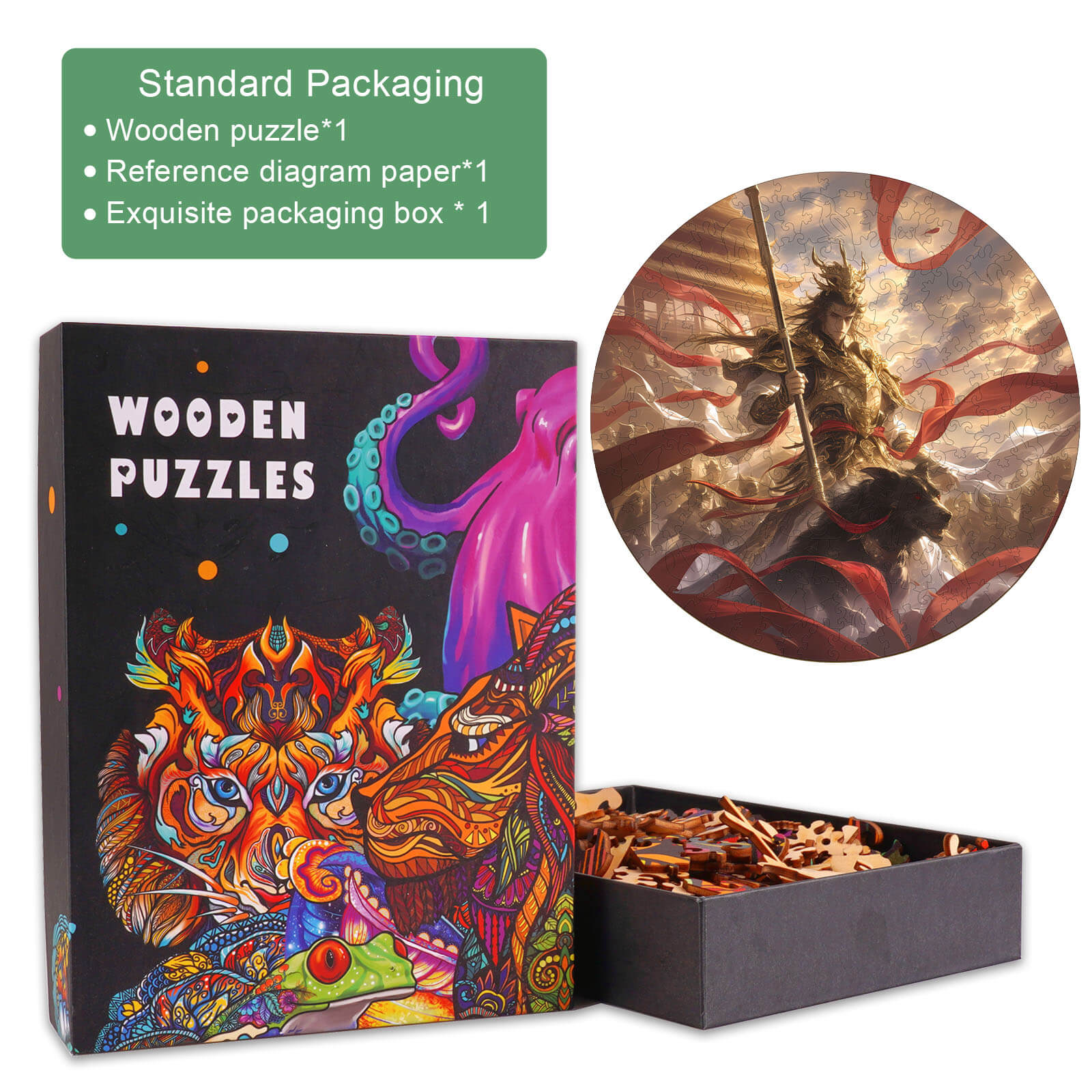 Erlangshen-2 wooden jigsaw puzzle in exquisite packaging with reference diagram paper for enhanced puzzle solving experience.