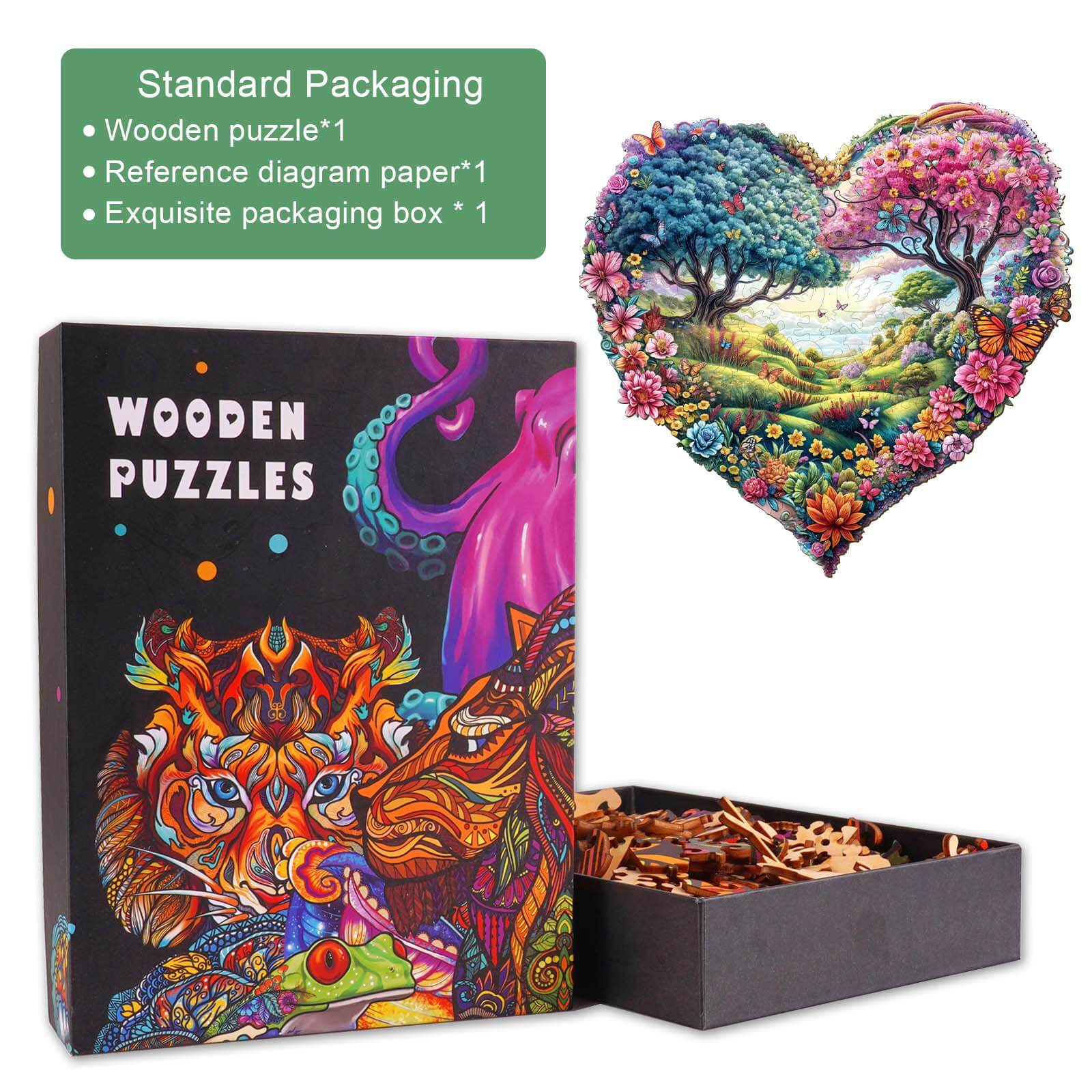 Love Garden Wooden Jigsaw Puzzle featuring vibrant heart design, eco-friendly packaging, and skill-enhancing wooden pieces.