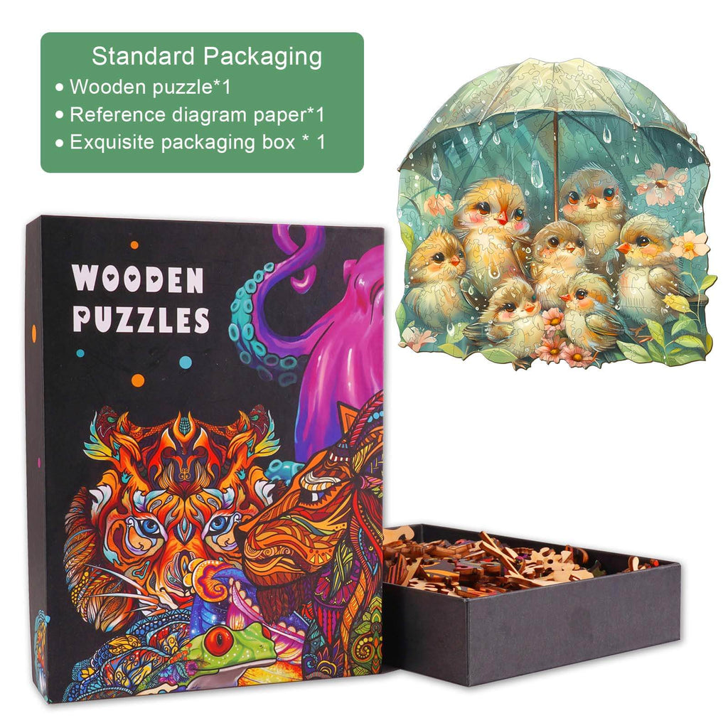 Bird Holding Umbrella Wooden Jigsaw Puzzle set with colorful packaging and pieces for enhanced cognitive focus.