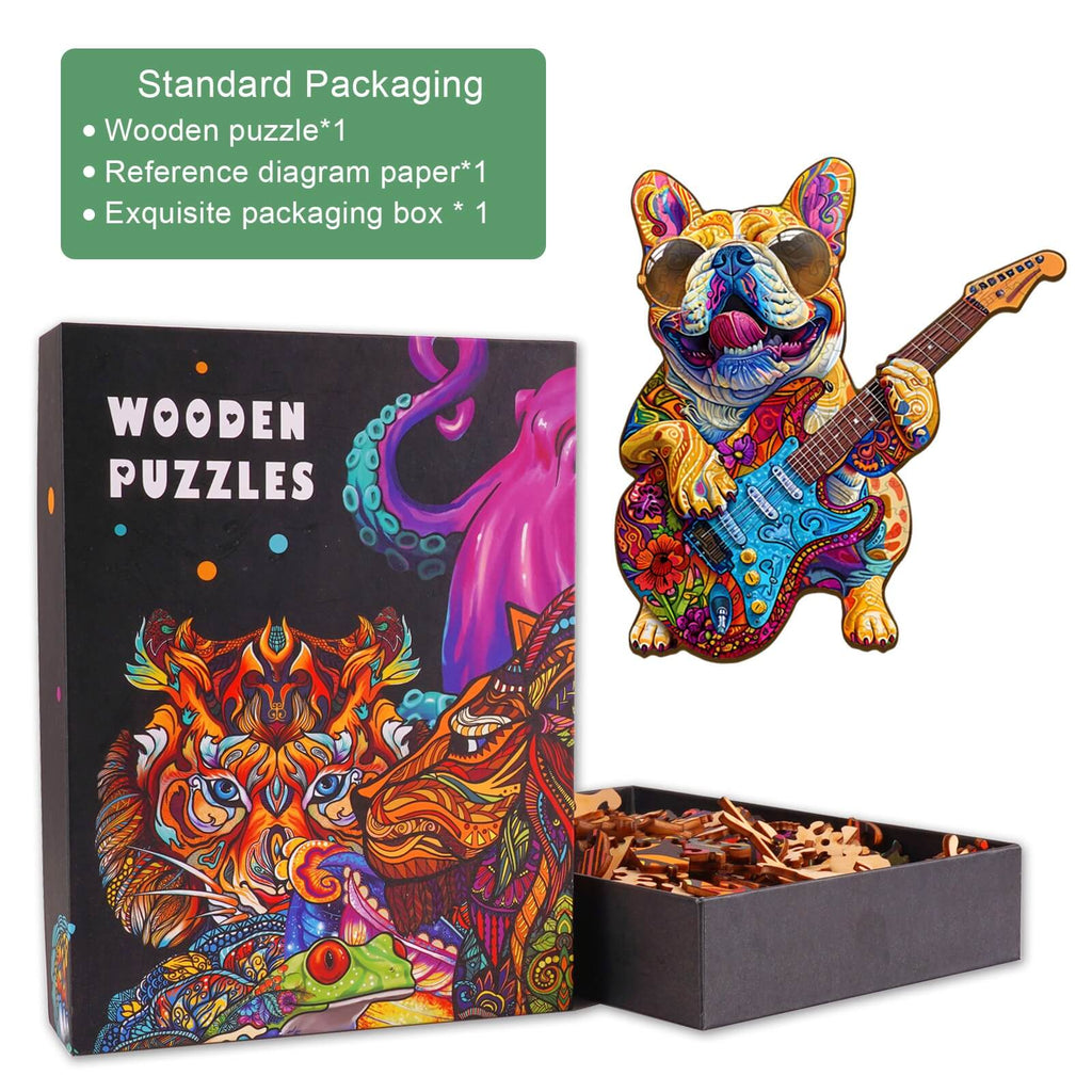 Rock Dog Wooden Jigsaw Puzzle box featuring colorful design and puzzle pieces for enhanced focus and fun.