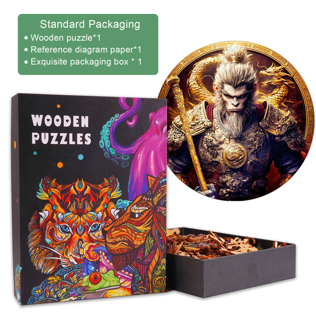 Colorful Wu Kong wooden jigsaw puzzle packaging with pieces, featuring the Monkey King illustration for mind-challenging fun.