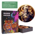 Colorful Wu Kong wooden jigsaw puzzle packaging with pieces, featuring the Monkey King illustration for mind-challenging fun.