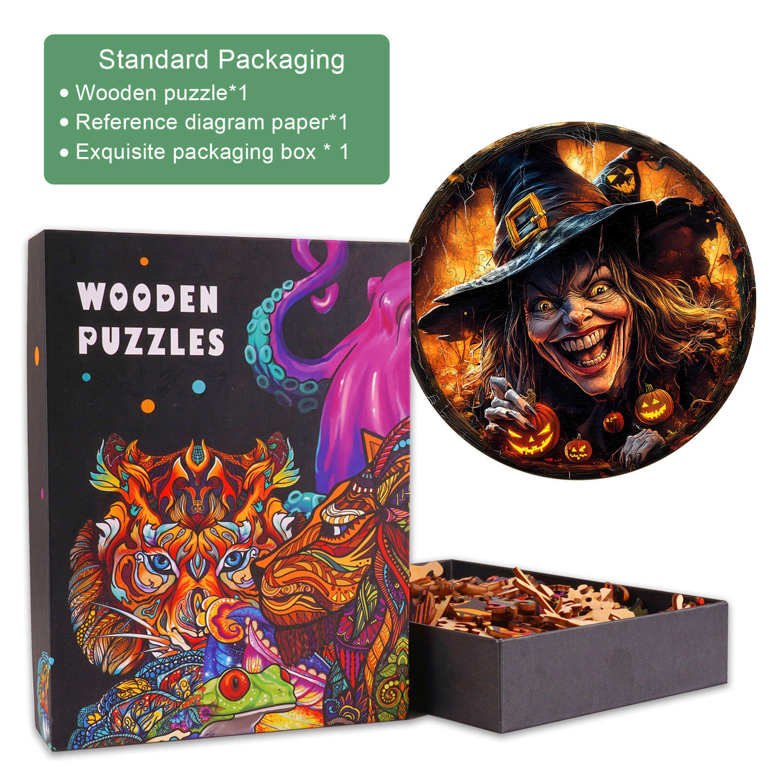 3D Halloween Witch wooden jigsaw puzzle with vibrant packaging and intricate witch design, perfect for brain games and focus.