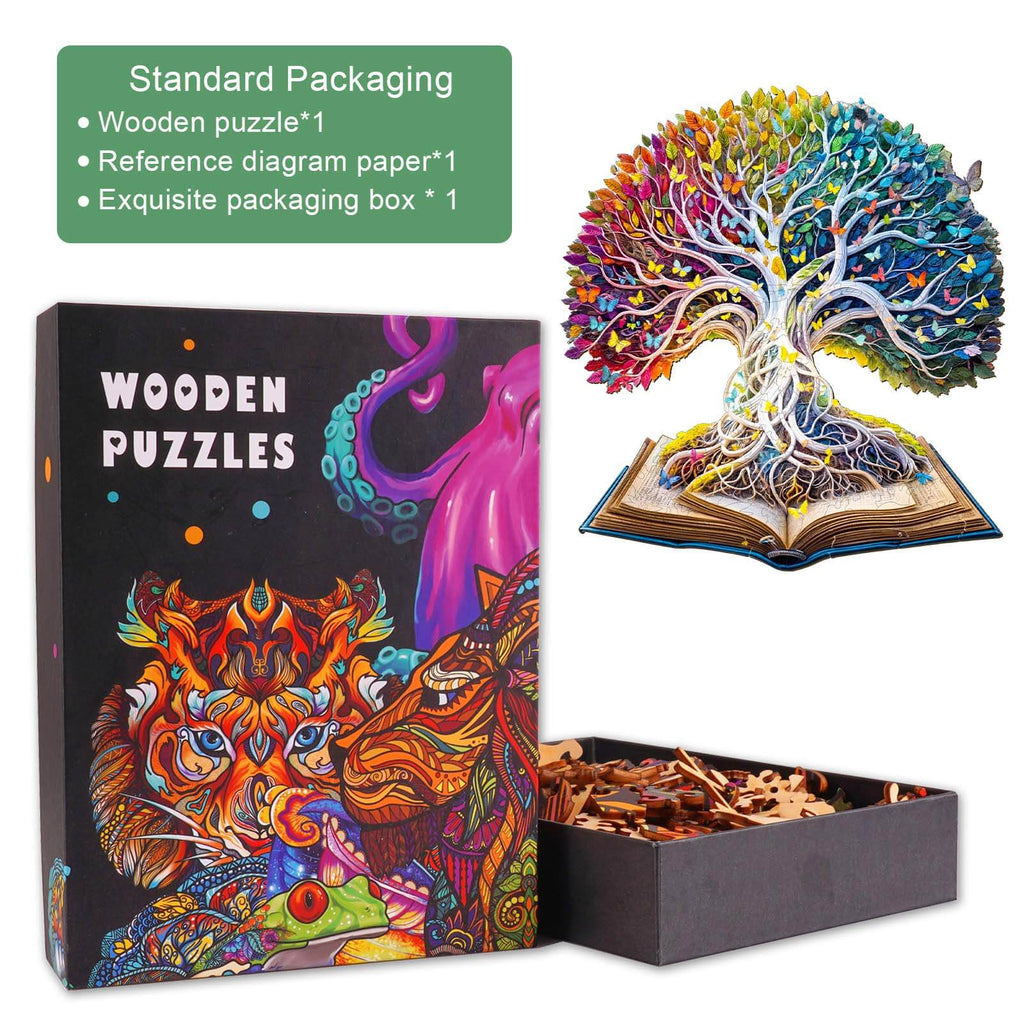 Colorful Tree of Life Wooden Jigsaw Puzzle in exquisite packaging, designed for fun and focus during puzzle solving.