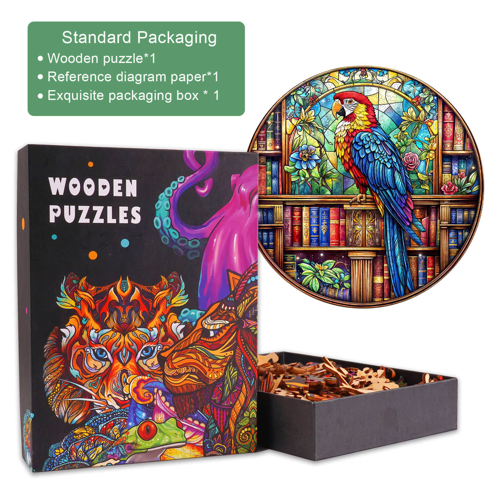 Library Parrot wooden jigsaw puzzle in packaging, featuring a colorful parrot design and pieces for engaging brain games.