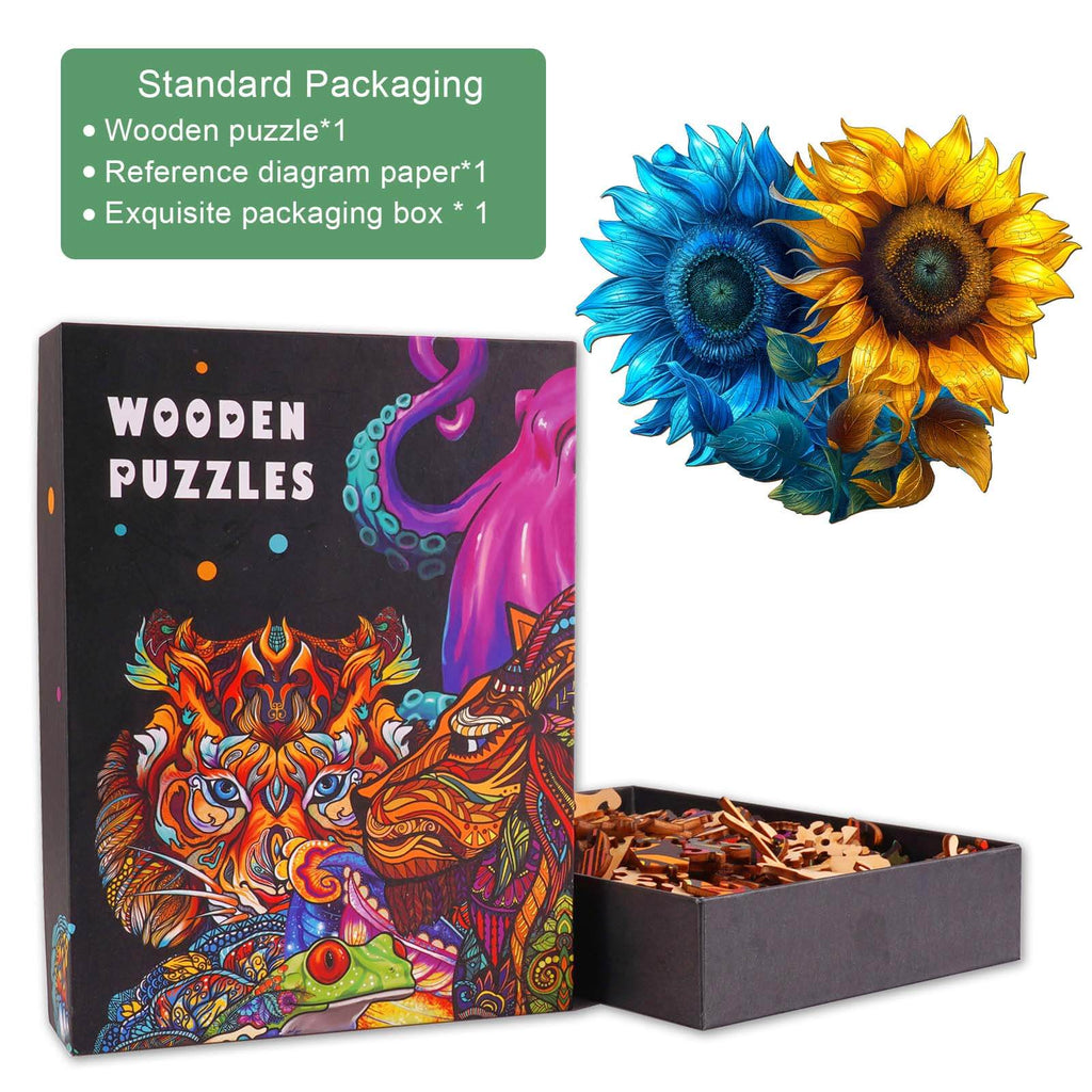 Yin Yang Sunflower wooden jigsaw puzzle packaging with colorful design and intricate pieces for mindful play.