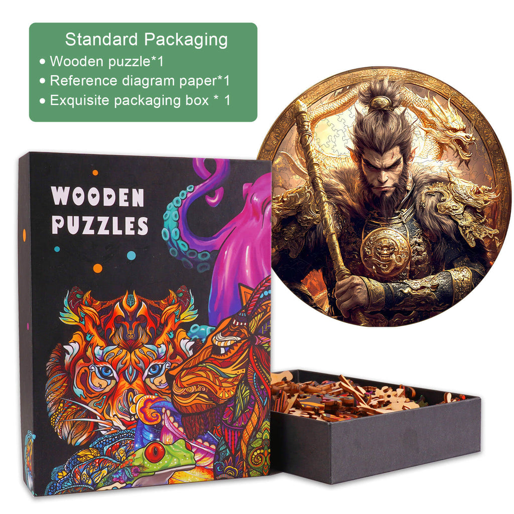 Wu Kong-2 wooden jigsaw puzzle with colorful packaging and pieces for brain-boosting fun.