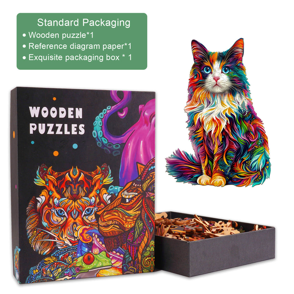 Colorful Ragdoll Cat wooden jigsaw puzzle in elegant packaging with vibrant design and puzzle pieces.