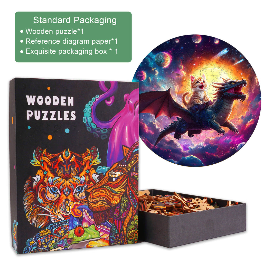 Colorful wooden jigsaw puzzle featuring a kitten riding a dragon, packaged in an exquisite box for easy storage.