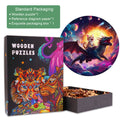 Colorful wooden jigsaw puzzle featuring a kitten riding a dragon, packaged in an exquisite box for easy storage.