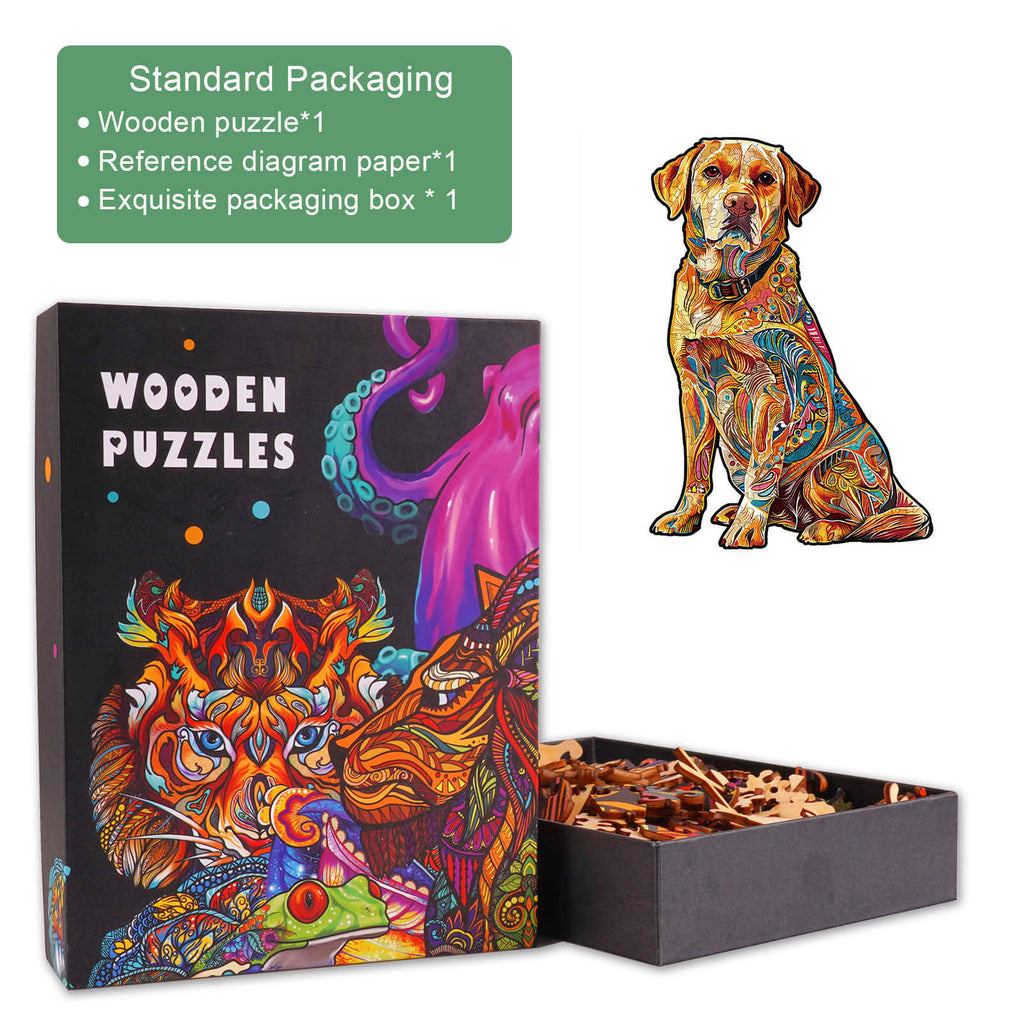 Handsome Labrador wooden jigsaw puzzle in colorful packaging with intricate design and puzzle pieces showing inside.