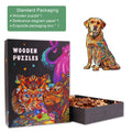 Handsome Labrador wooden jigsaw puzzle in colorful packaging with intricate design and puzzle pieces showing inside.