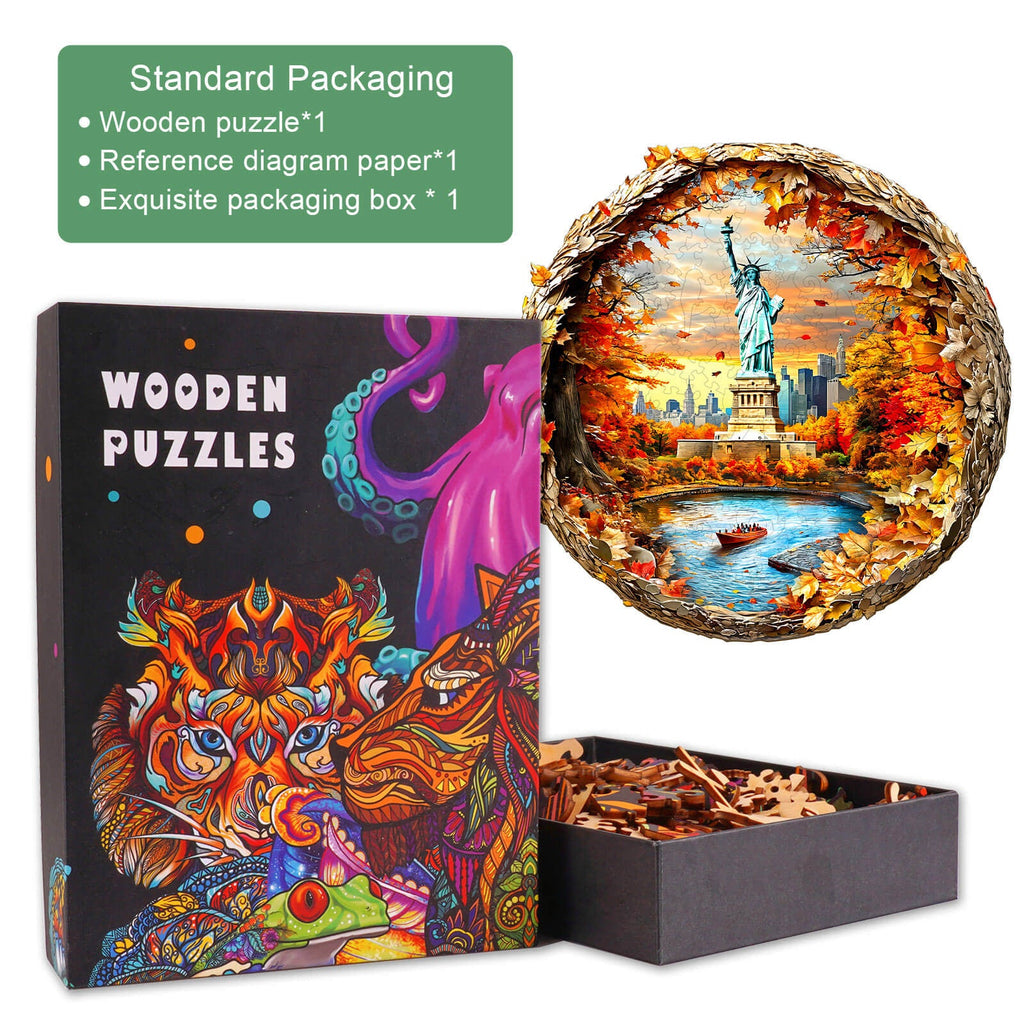 3D New York Autumn wooden jigsaw puzzle in a decorative box with vibrant artwork and pieces showcasing the Statue of Liberty.