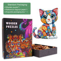 Colorful Patchwork Cat wooden jigsaw puzzle with packaging, perfect for mental focus and fun mind games.