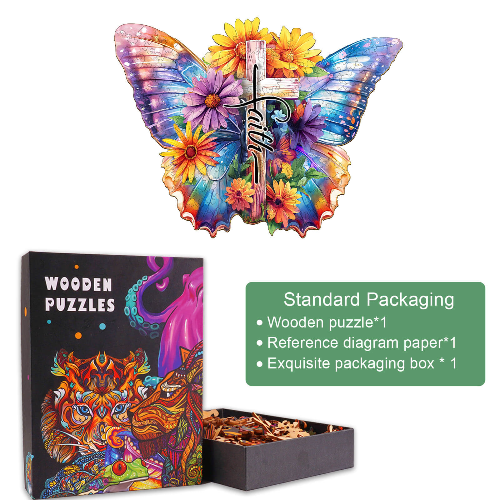 Beautiful Faith wooden jigsaw puzzle featuring a butterfly and floral design, perfect for enhancing focus and mental skills.