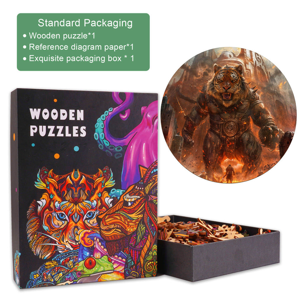 Fierce Tiger Wooden Jigsaw Puzzle box and pieces, showcasing vibrant artwork and mind-enhancing puzzle experience.
