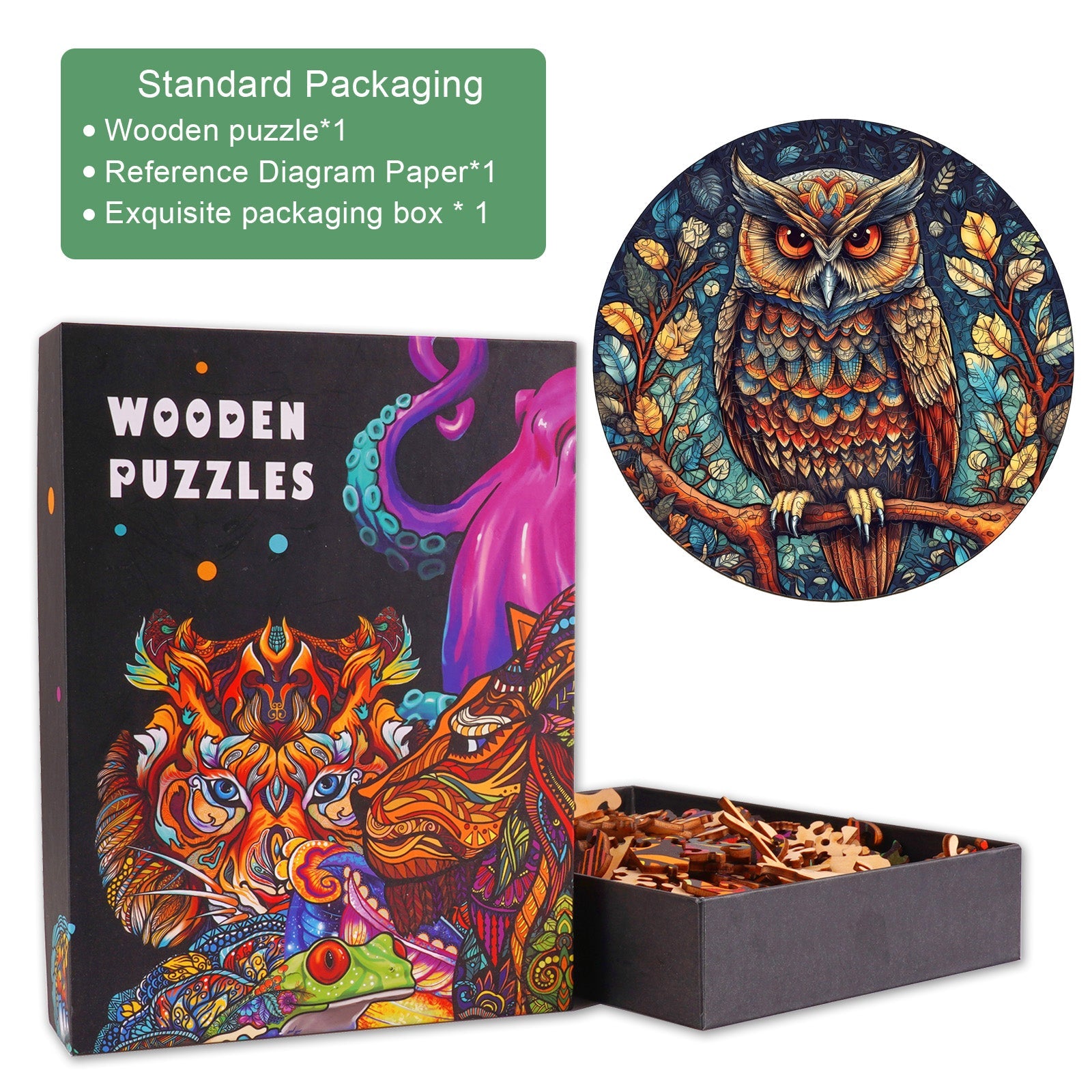 Mystic Owl Wooden Jigsaw Puzzle with colorful packaging and intricate owl design, perfect for puzzle enthusiasts.