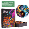 Yin-yang universe wooden jigsaw puzzle with colorful cosmic design in box, perfect for mind games and focus.