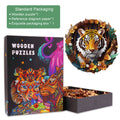 3D wooden jigsaw puzzle featuring a tiger, colorful packaging, and components for a focused brain exercise.