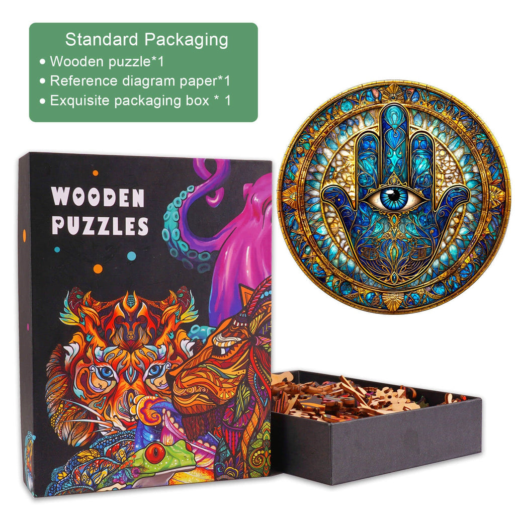 Hand of Fatima wooden jigsaw puzzle in colorful packaging, featuring intricate design, perfect for enhancing focus and cognitive skills.