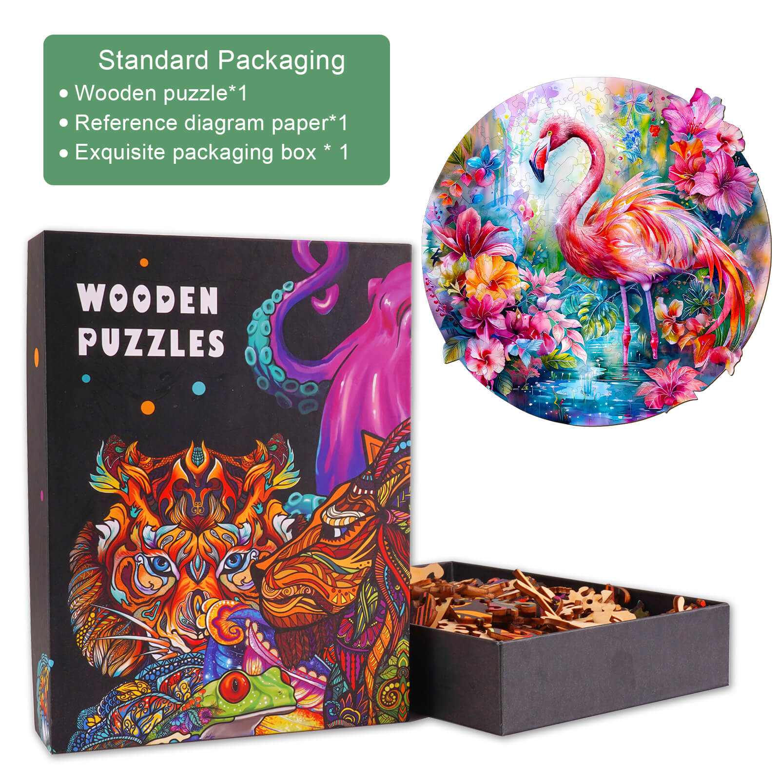 Charming Flamingo Wooden Jigsaw Puzzle with vibrant art, wooden pieces, and exquisite packaging for puzzle enthusiasts.