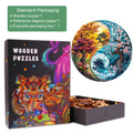 Yin yang landscape wooden jigsaw puzzle with vibrant artwork, includes puzzle pieces and reference diagram in exquisite packaging.