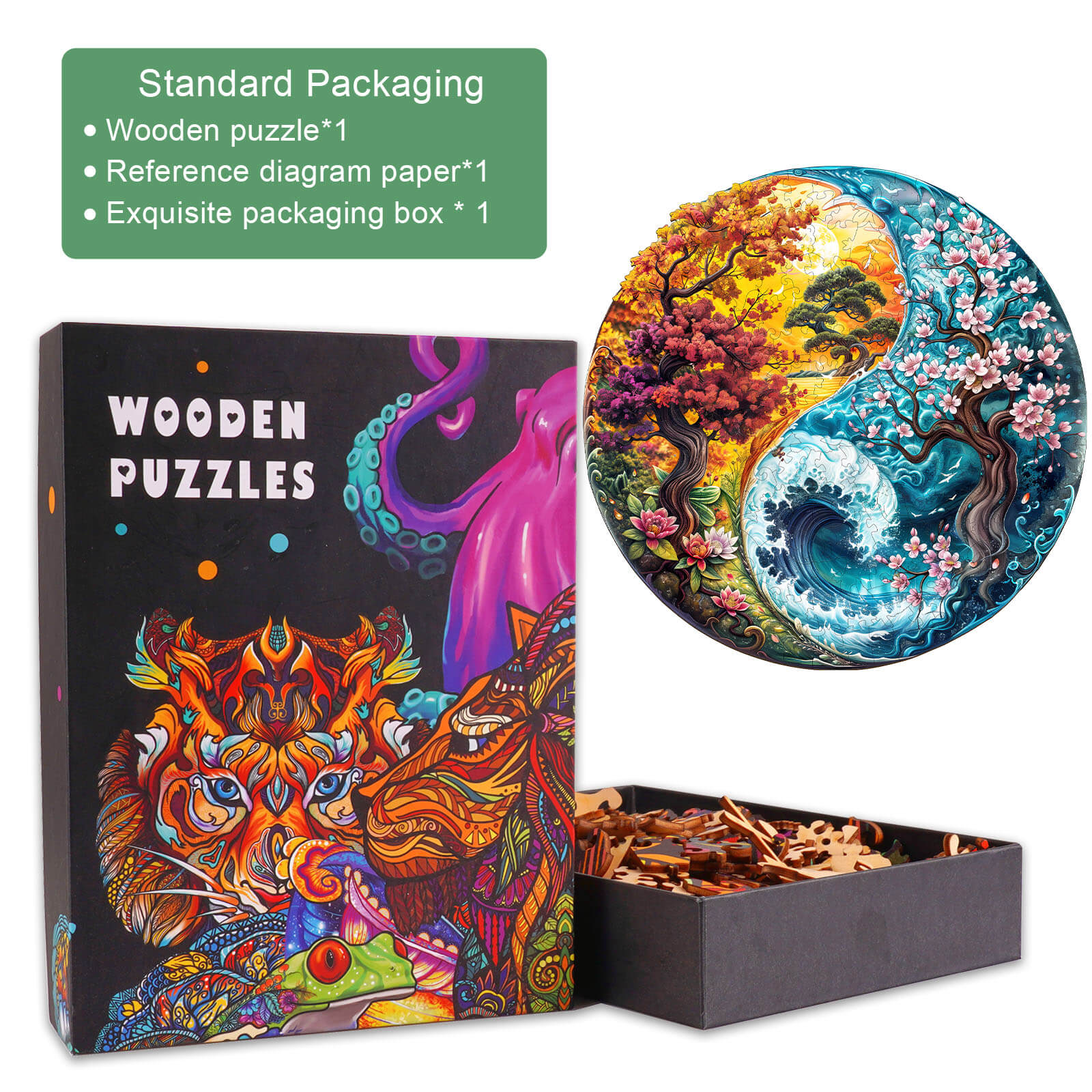 Yin yang landscape wooden jigsaw puzzle with vibrant artwork, includes puzzle pieces and reference diagram in exquisite packaging.