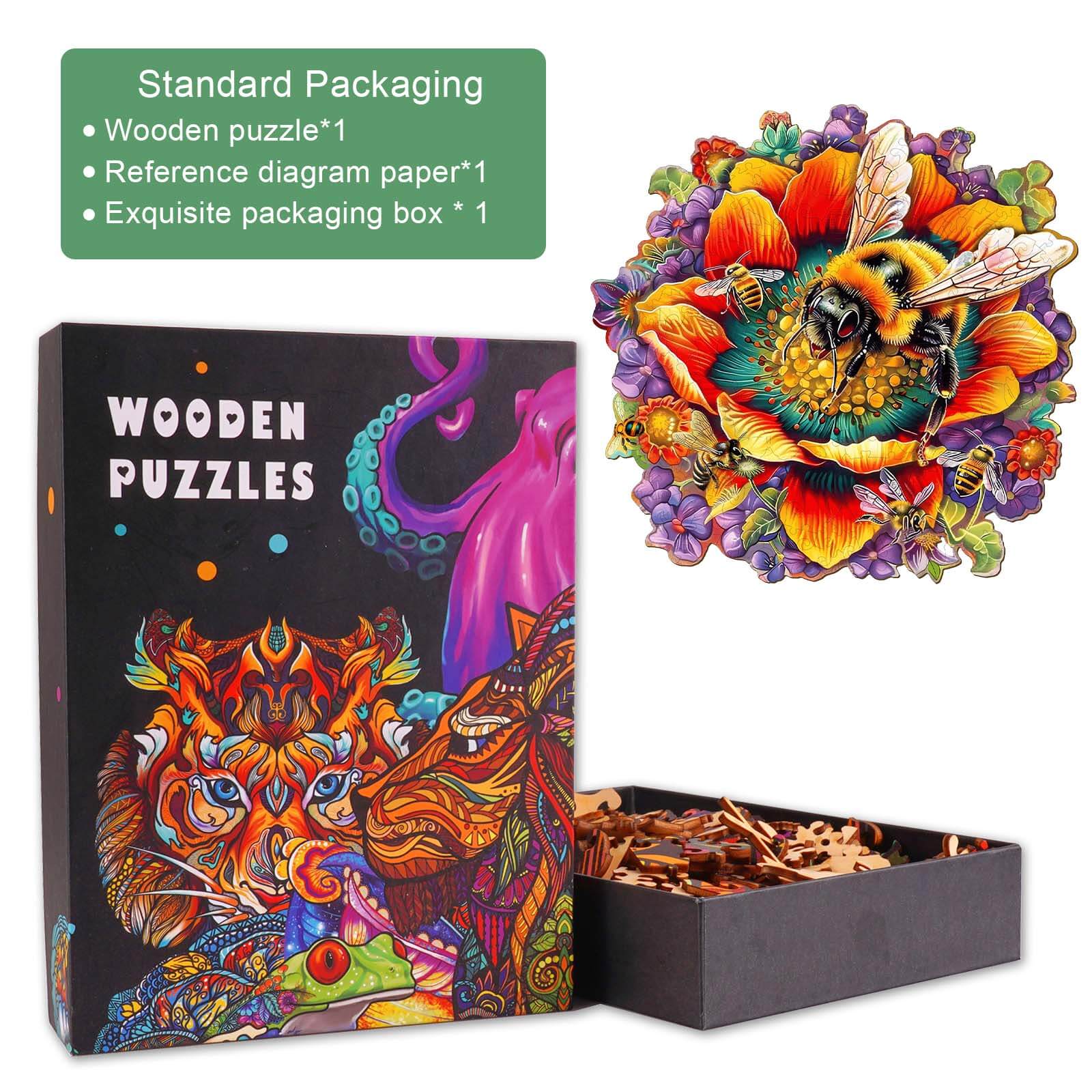 Bee and the Flower Wooden Jigsaw Puzzle in standard packaging with vibrant artwork and components.